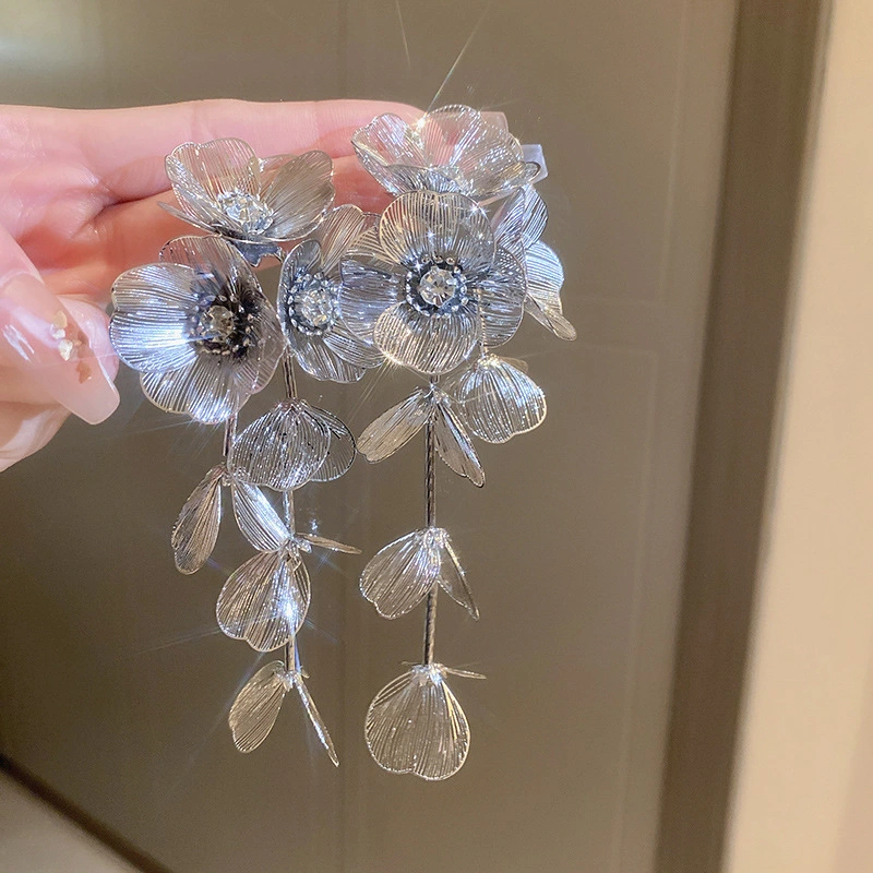 Silver Needle Fashion Diamond Flower Long Fringe Earrings