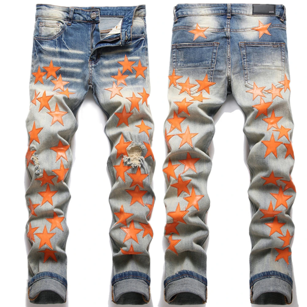 High Street New Ripped Orange XINGX Patch Stretch Jeans Men