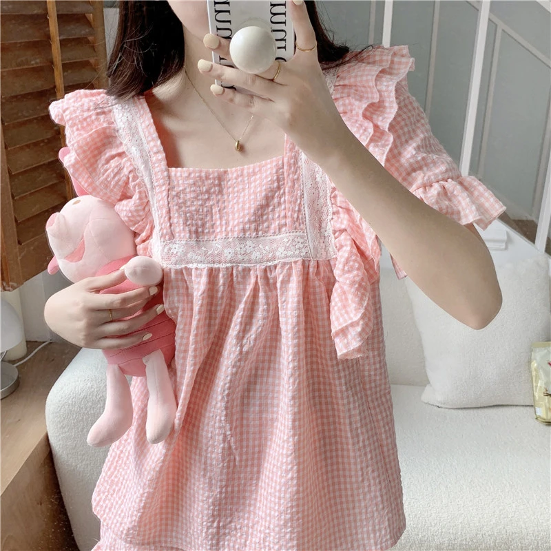 Summer Square Collar Plaid Lace Short Sleeve Pajamas Women's Suit