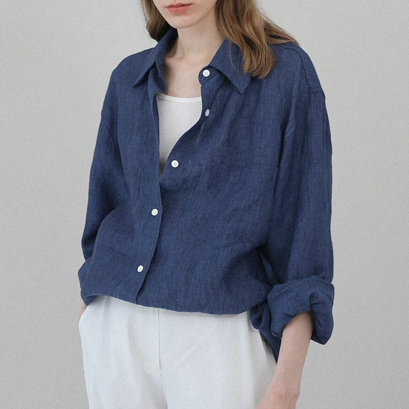 Niche Design Pure Linen Shirt Turn-down Collar Coat Women