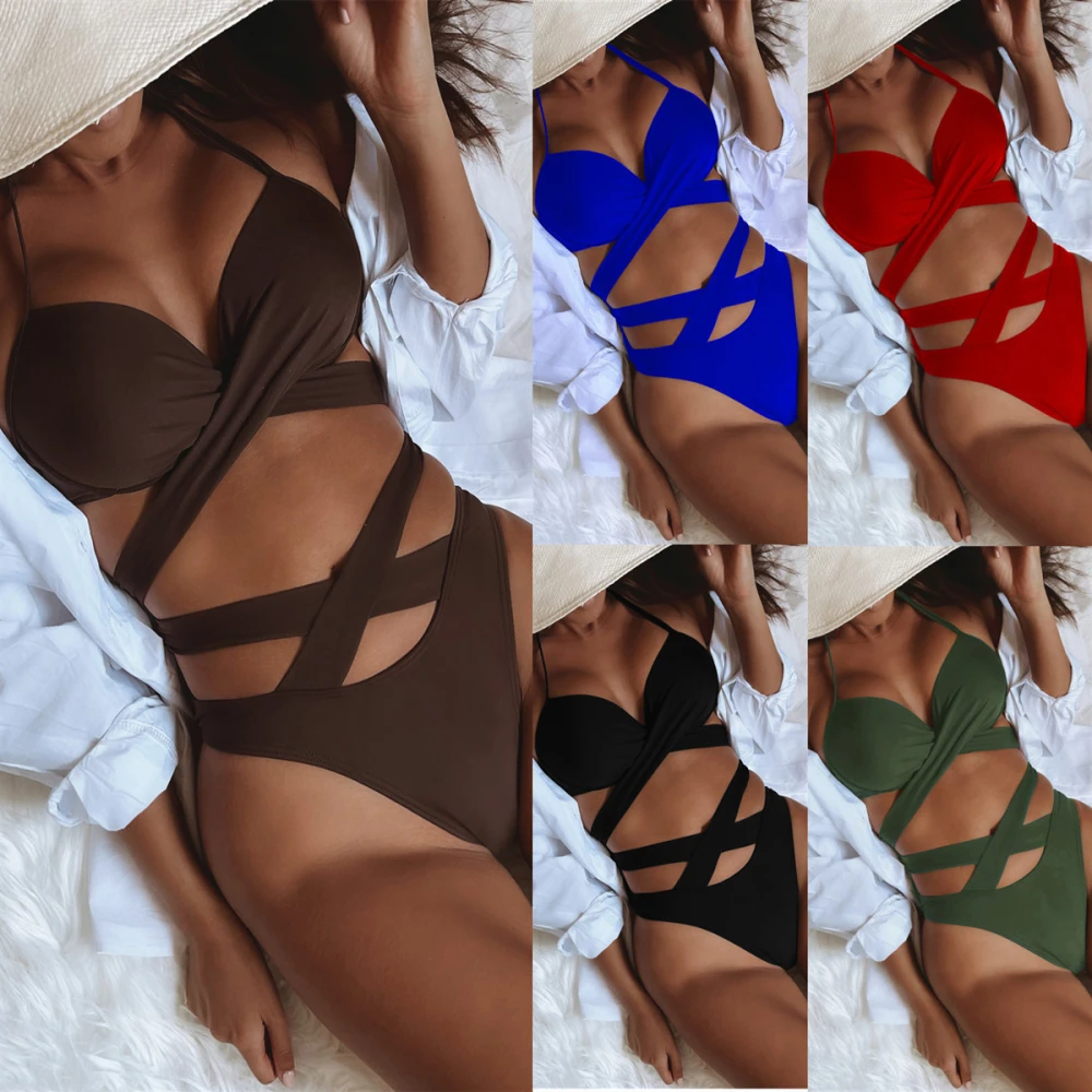 European And American Bikini Solid Color Sexy Women's Split Swimsuit High Waist Strap