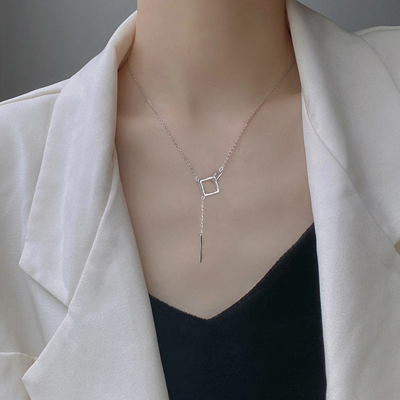 Women's Fashion Simple Sterling Silver Geometric Square Necklace