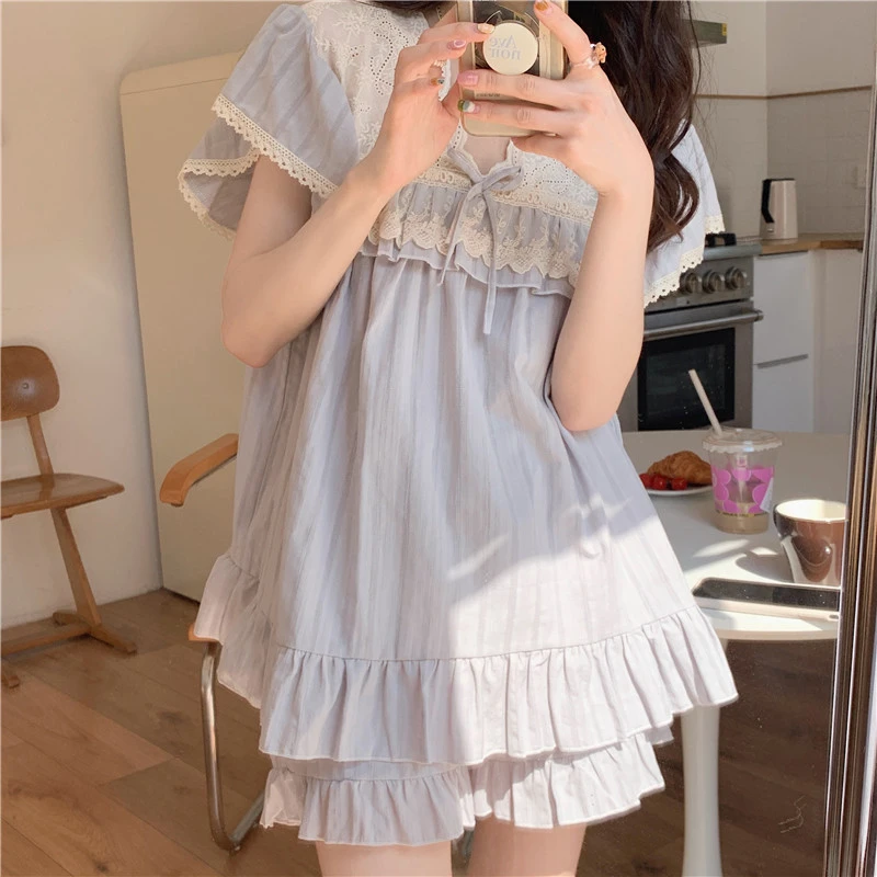 Palace Style Lace Jacquard All Cotton Loose Comfortable Homewear Summer New Sweet Lotus Leaf Pajamas Suit