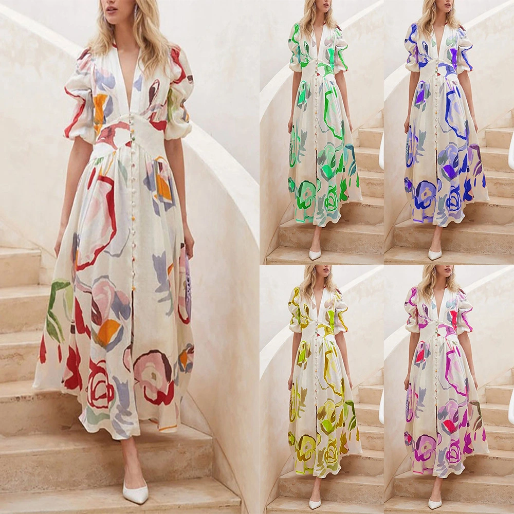 Women's Graceful And Fashionable Slim Fit Large Swing Elastic Printing Long Dress
