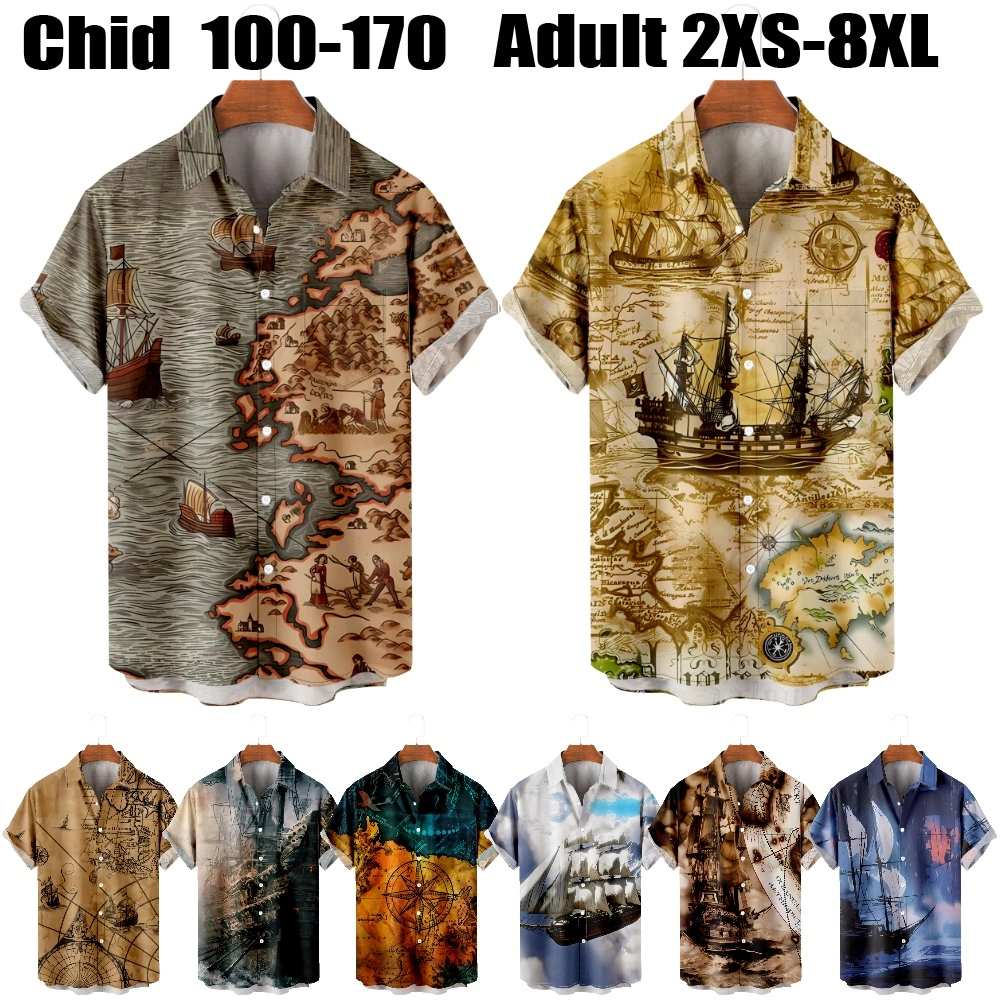 Mens Hawaiian Shirt 3D Boats Sailing Oceans Beaches Nature Graphic Plus Size T-Shirt Print Tops Shirt Collar