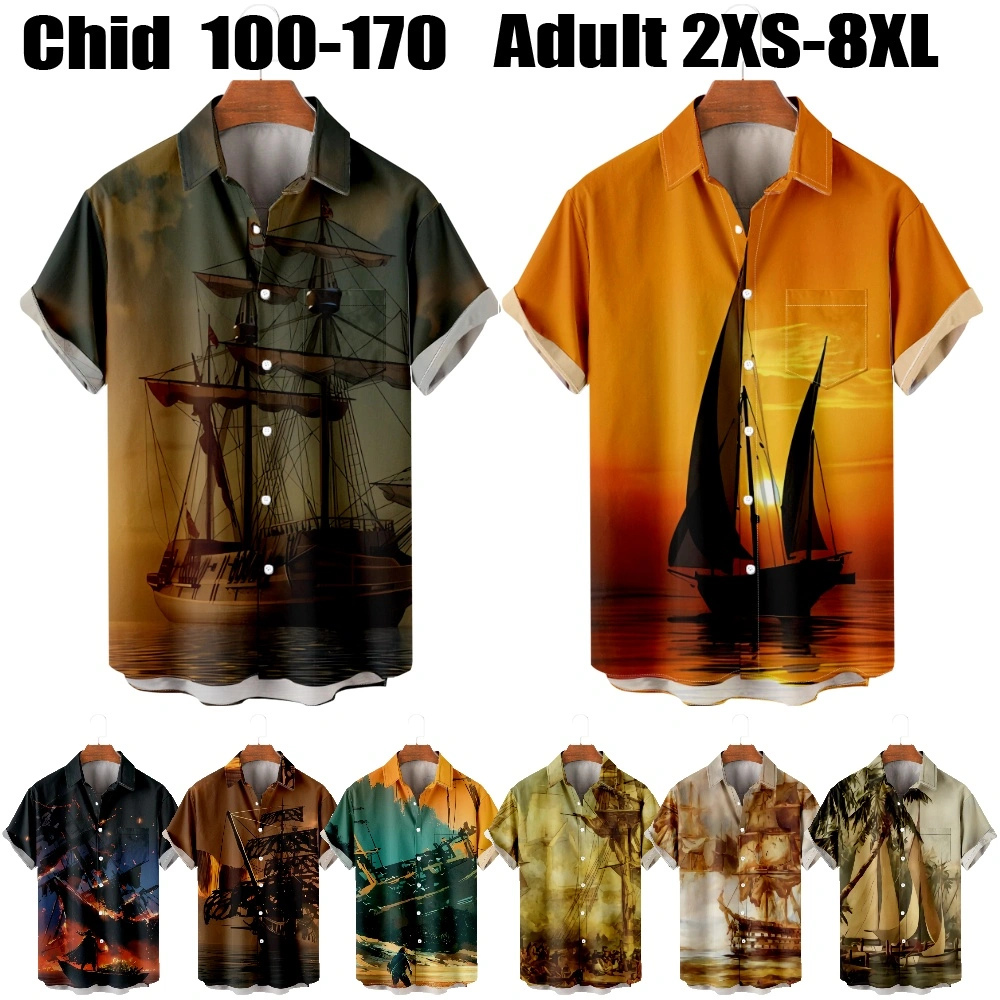 Mens Plus Size Button Up Shirt Big And Tall Boats Sailing Oceans Beaches Nature Graphic Shirt Collar Short Sleeve Spring & Summer Vintage Streetwear Comfortable Casual Sports Tops