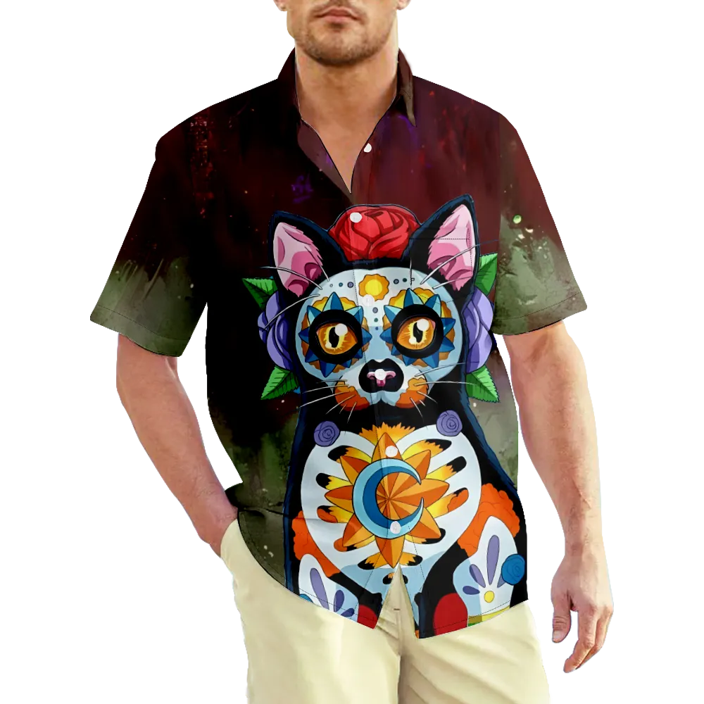 Men's Hawaiian Shirt Cartoon Animals Dogs Cats Gradient Graphic Prints Shirt Collar White/ 3D Print Outdoor Street Short Sleeve 3D Print Clothing Apparel Fashion Breathable Comfortable Big And Tall/Summer/Spring/Summer