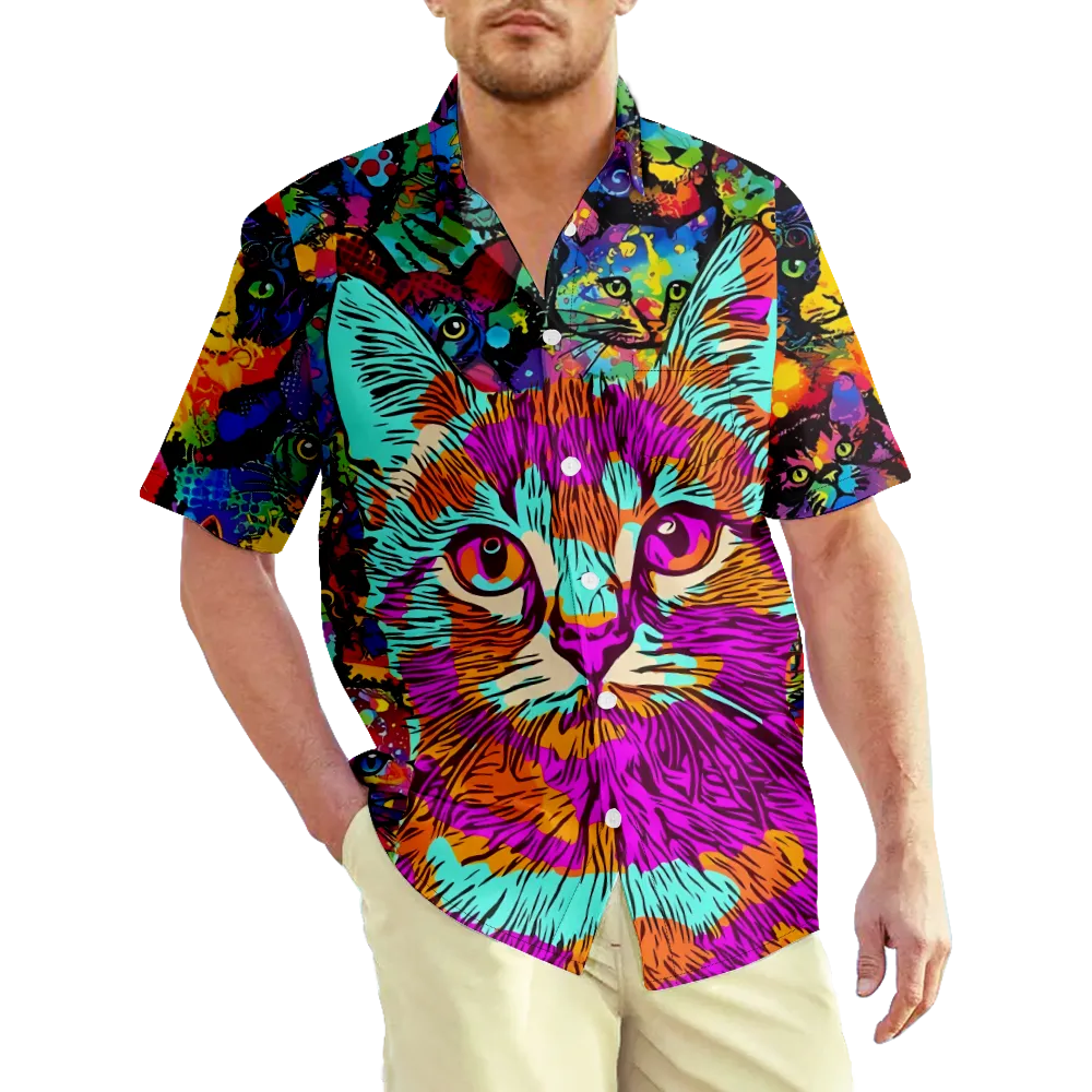 Men's Hawaiian Shirt Cartoon Animals Dogs Cats Graphic Prints Shirt Collar 3D Print France Outdoor Street Short Sleeve Print Clothing Apparel Cotton Sports Casual/Summer/Summer