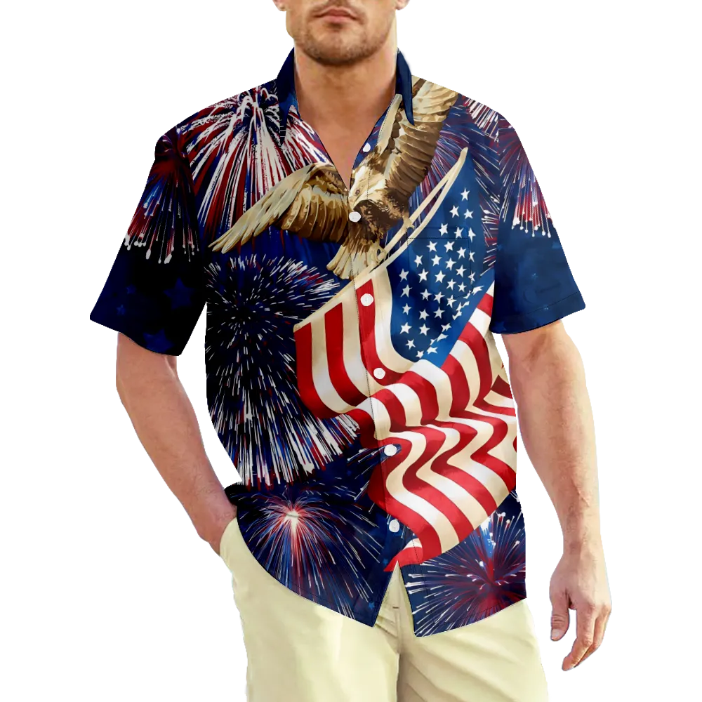 4th of July Men's Hawaiian Shirt Outfits USA National Flag Eagle Graphic Shirt Collar Clothing Apparel 3D Print Plus Size Outdoor Daily Short Sleeve 3D Print Casual Comfortable