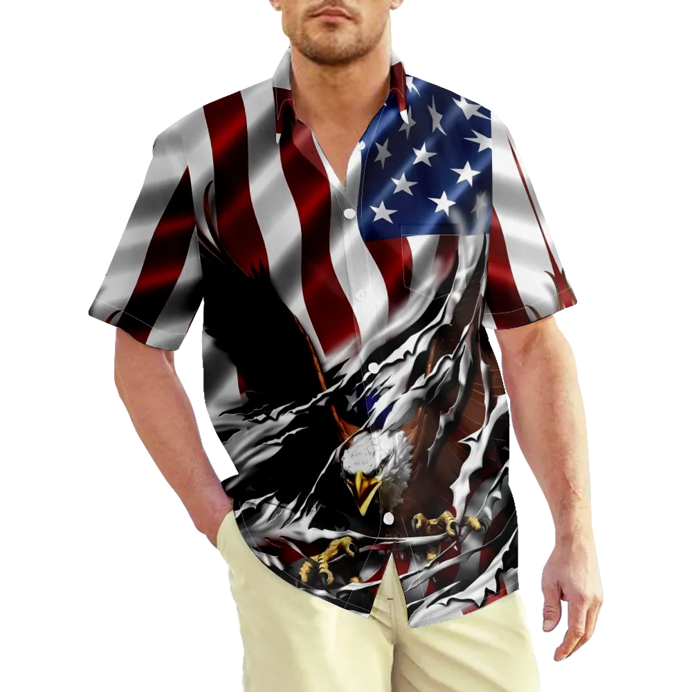 4th of July Men's Hawaiian Shirt Outfits USA National Flag Eagle Graphic Bohemian Shirt Collar Clothing Apparel 3D Print Outdoor Daily Short Sleeve 3D Print Casual Comfortable