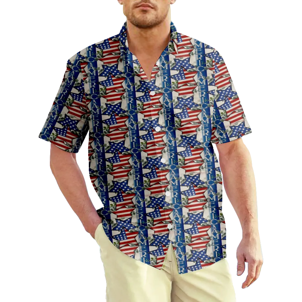 4th of July Men's Hawaiian Shirt USA National Flag Eagle Graphic Color Block Shirt Collar Black+Street Casual Short Sleeve Print Clothing Apparel Fashion Classic Comfortable/Summer/Summer/Sports