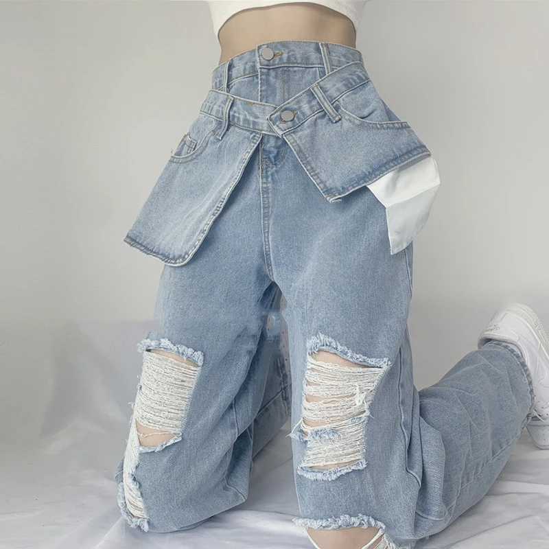 Fried Street American Hot Girl Crossover Jeans Women's High Waist Loose