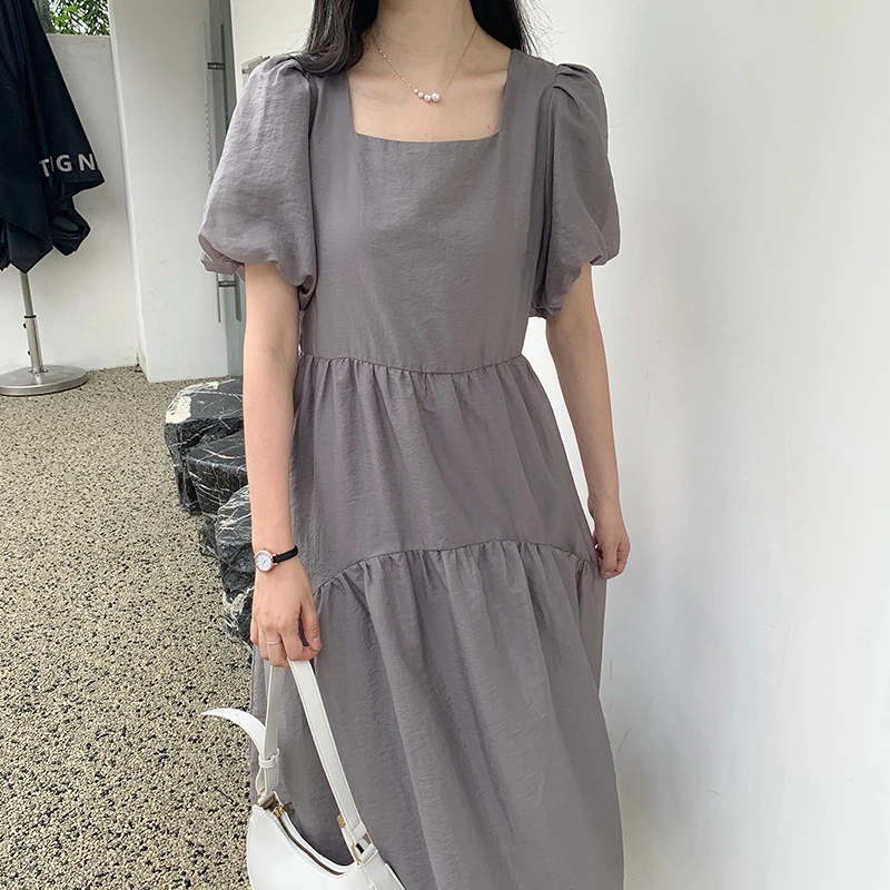 French Elegant Square Collar Puff Sleeve Dress