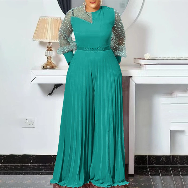 Fitted Waist Pleated One-piece Wide-leg Pants