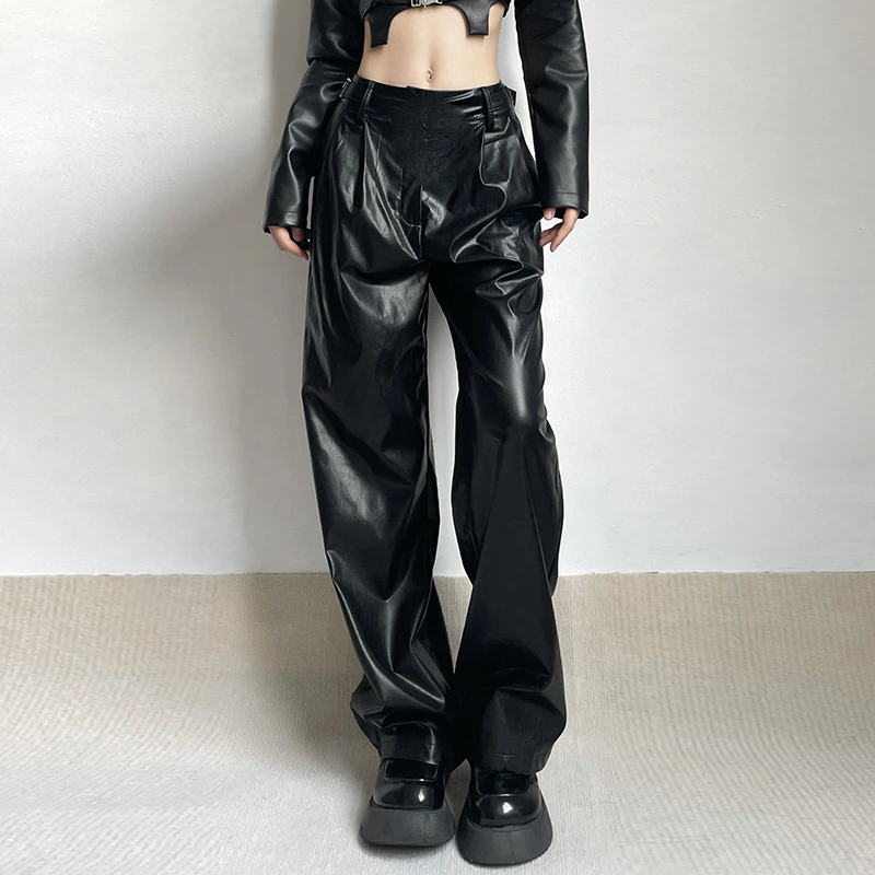 Women's Straight Low Waist Loose Casual Leather Pants