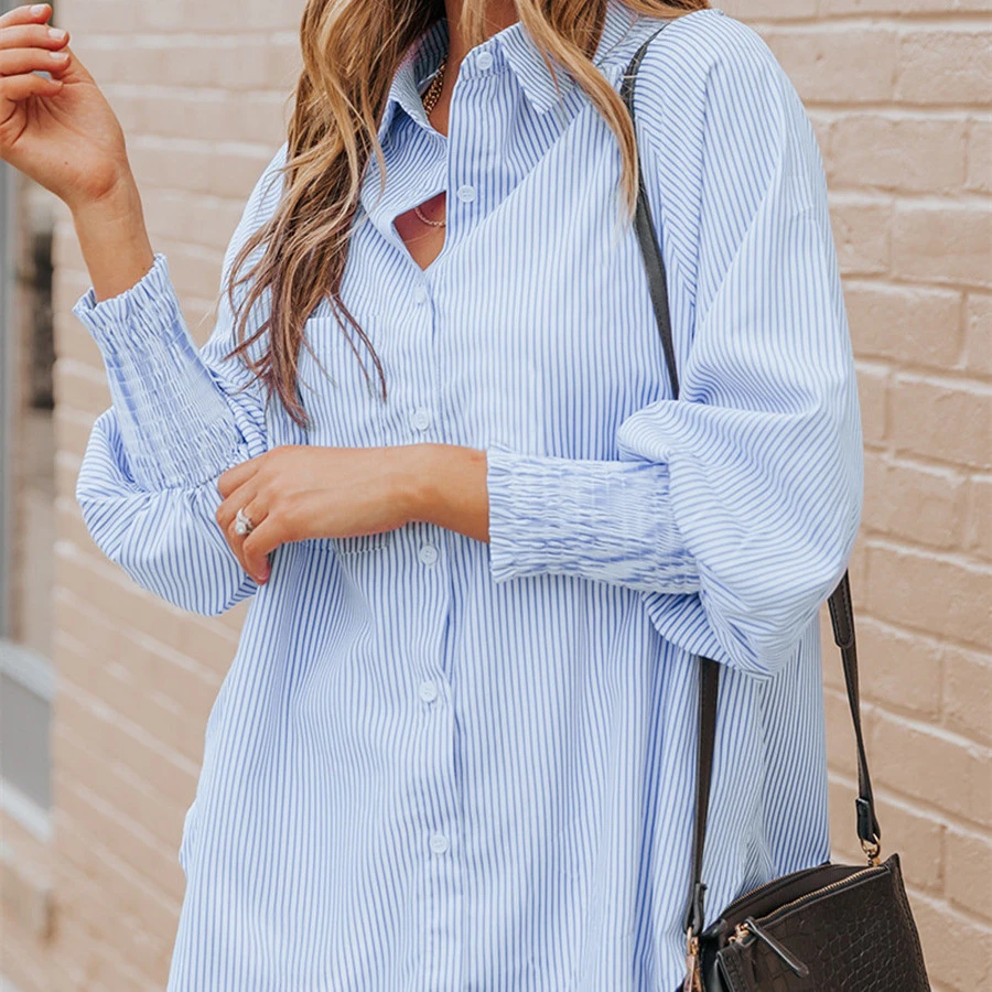Striped Stand Collar Loose Smocking Bubble Long Sleeve Shirt For Women