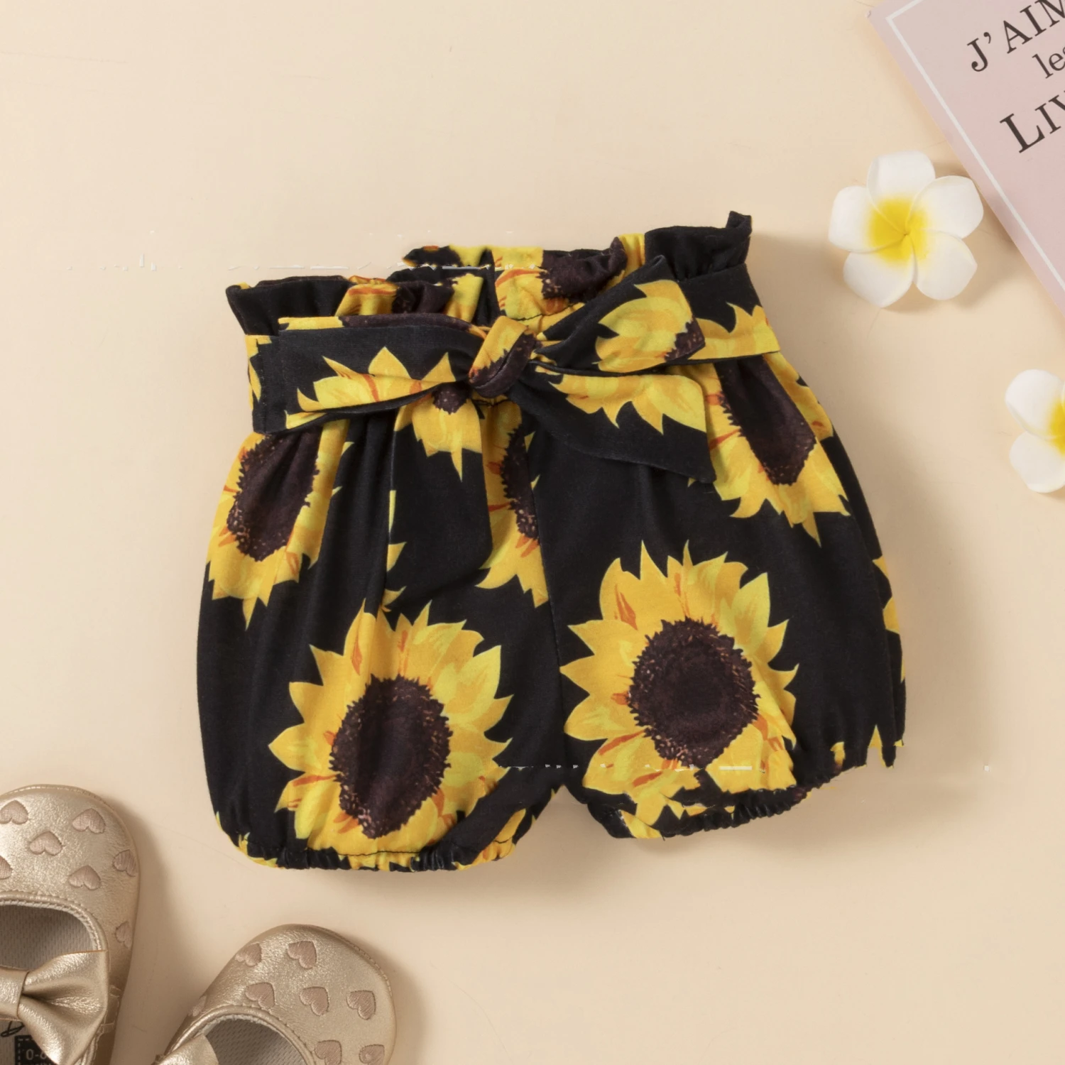 Yellow Sunken Stripe Romper Sunflower Belt Three-piece Set