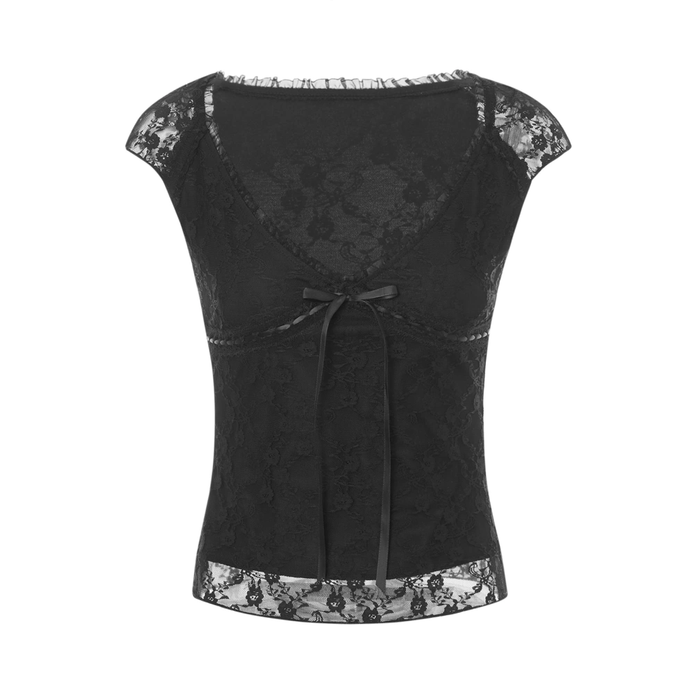 Ladies Midriff-baring Tops, Summer Autumn Women Leisure Style Lace Mesh Splicing V-neck Tie Up Sleeveless Slim T-shirt