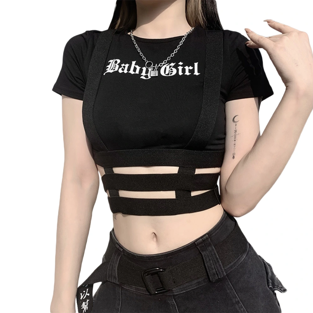 Women Short T-Shirt, Short Sleeve Letter Printed Hollow-Out O-Neck Crop Top, Ladies Summer Slim Fake Two-Piece Style Navel Shirt