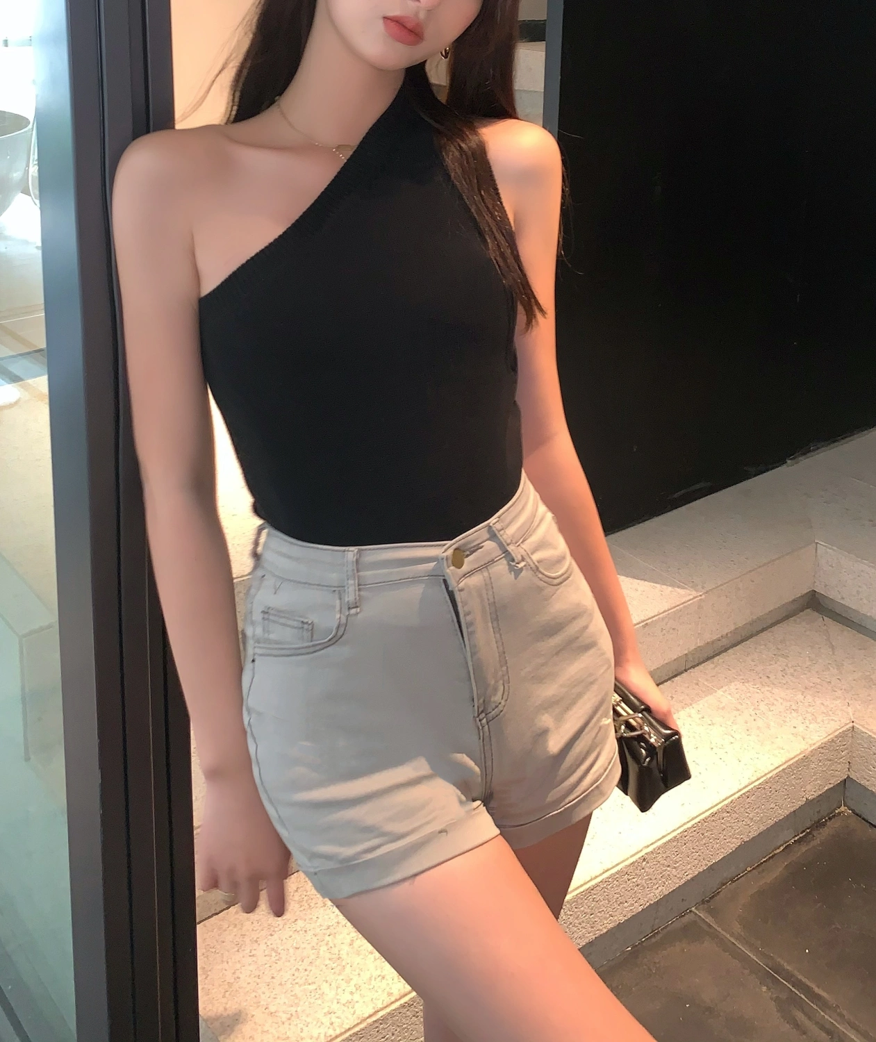 Women's Short Tops Solid Color Irregular One-shoulder Knitted Navel Slim Fit Versatile Knitted Tops