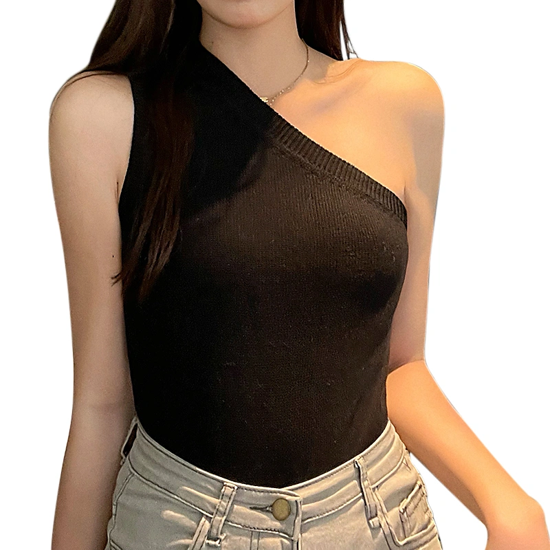 Women's Short Tops Solid Color Irregular One-shoulder Knitted Navel Slim Fit Versatile Knitted Tops