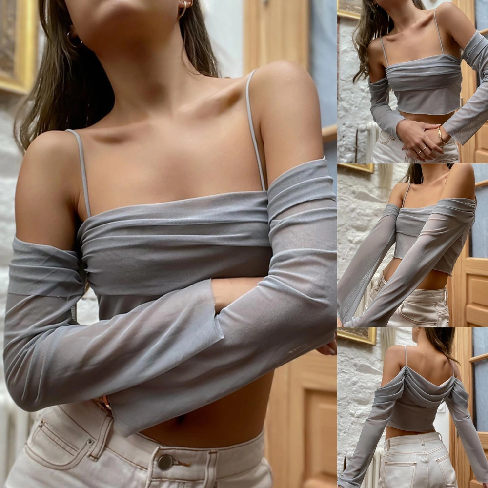 Women Casual Crop Tops, Solid Long Sleeve Off-Shoulder Mesh Tops