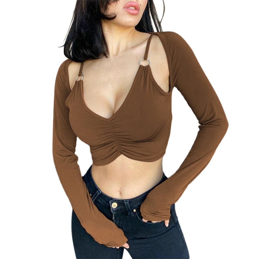 Women's Summer Crop Tops Solid Color Deep V Neck Long Sleeves Cropped Navel Shirt Blouse