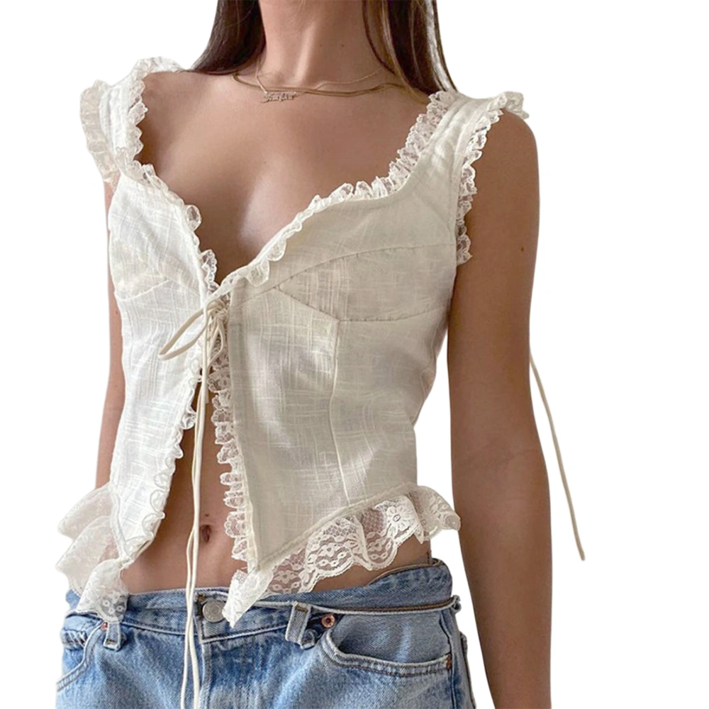 Charming Women Lace Chemise, Low Cut Sleeveless Spaghetti Strap Bandage Crop Tops for Summer