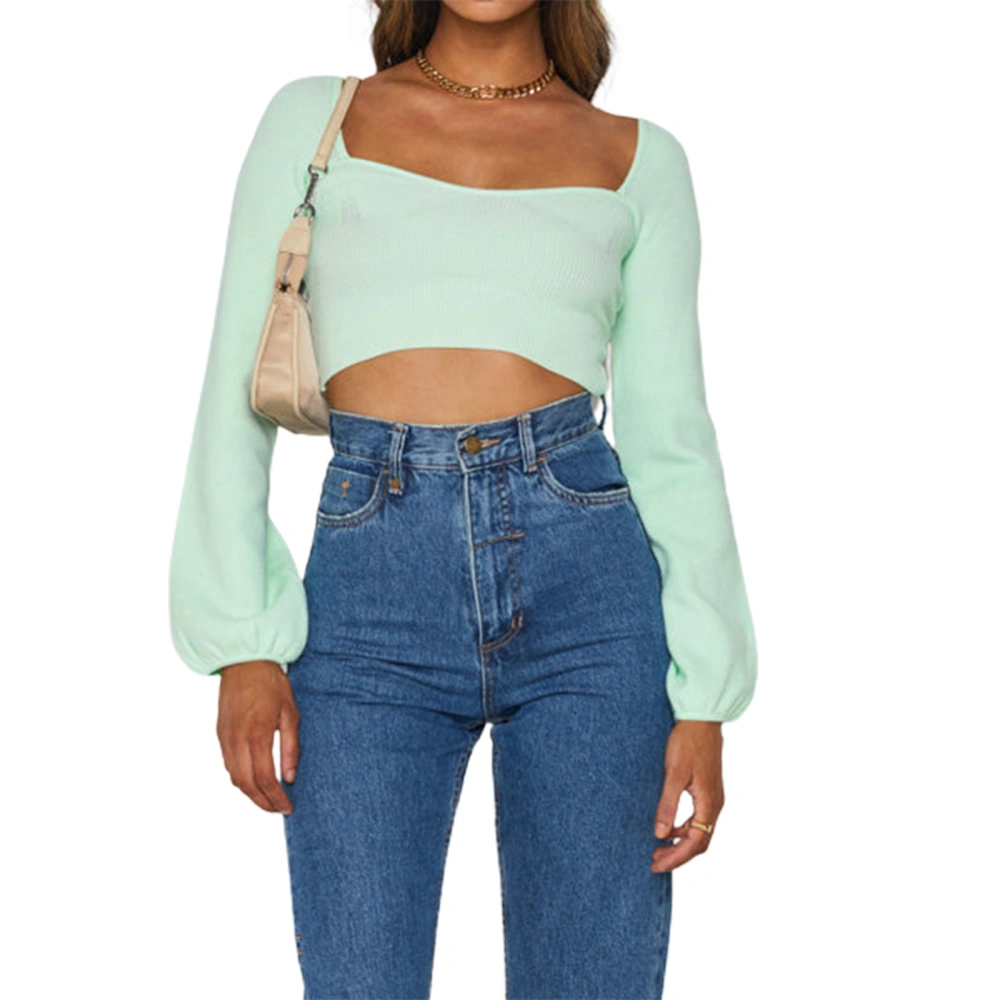 Ladies Crop Tops Long Puff Sleeves Low Cut Solid Color Short Tops