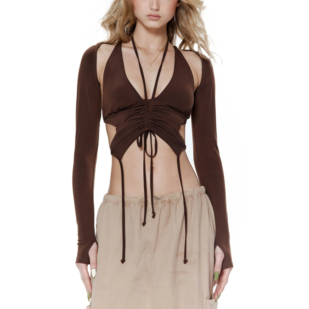 Women's Hanging Neck Irregular Drawstring Tops + Brown Sleeves