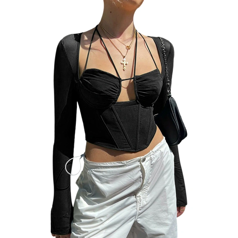 Women Crop Basic Shirt Casual See-through Mesh Patchwork Long Sleeve Halterneck Tops Streetwear Clubwear