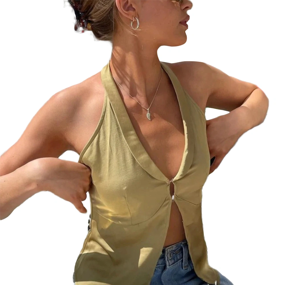 Women&acute;s Halter Tank Tops, Sleeveless Clasp Front Solid Color Slim Fit Lapel Shirt