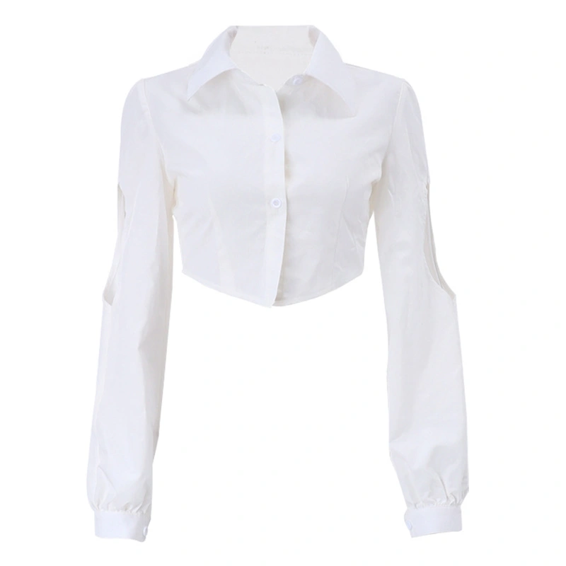 Women's Spring Autumn Crop Tops White Long Sleeve Lapel Hollow Button Down Blouse