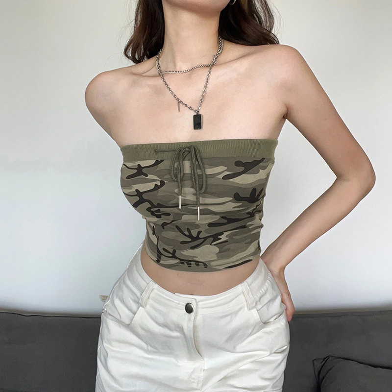 Women Summer Tube Tops, Camouflage Print Front Drawstring Strapless Cropped Tops Slim Backless Vest Clubwear