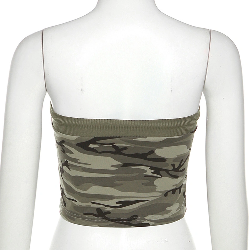 Women Summer Tube Tops, Camouflage Print Front Drawstring Strapless Cropped Tops Slim Backless Vest Clubwear