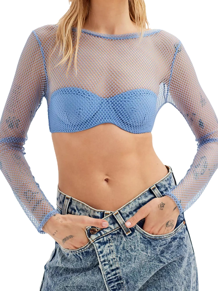 Women’s Sheer Fishnet Crop Tops, Long Sleeve Round Neck Slim Fit Patchwork T-Shirts