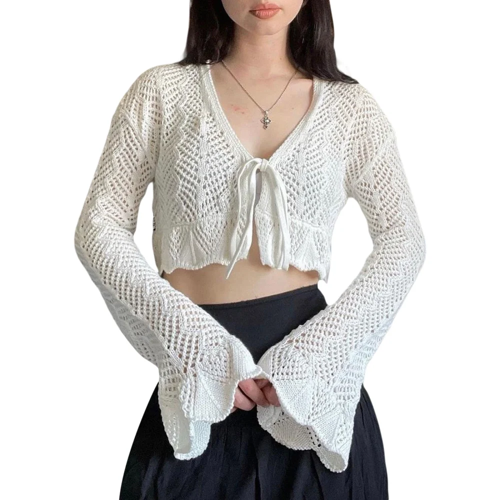 Women's Long Sleeve Crop Tops, Solid Color Front Tie-Up Cardigan, Casual Simple Style Blouse, White