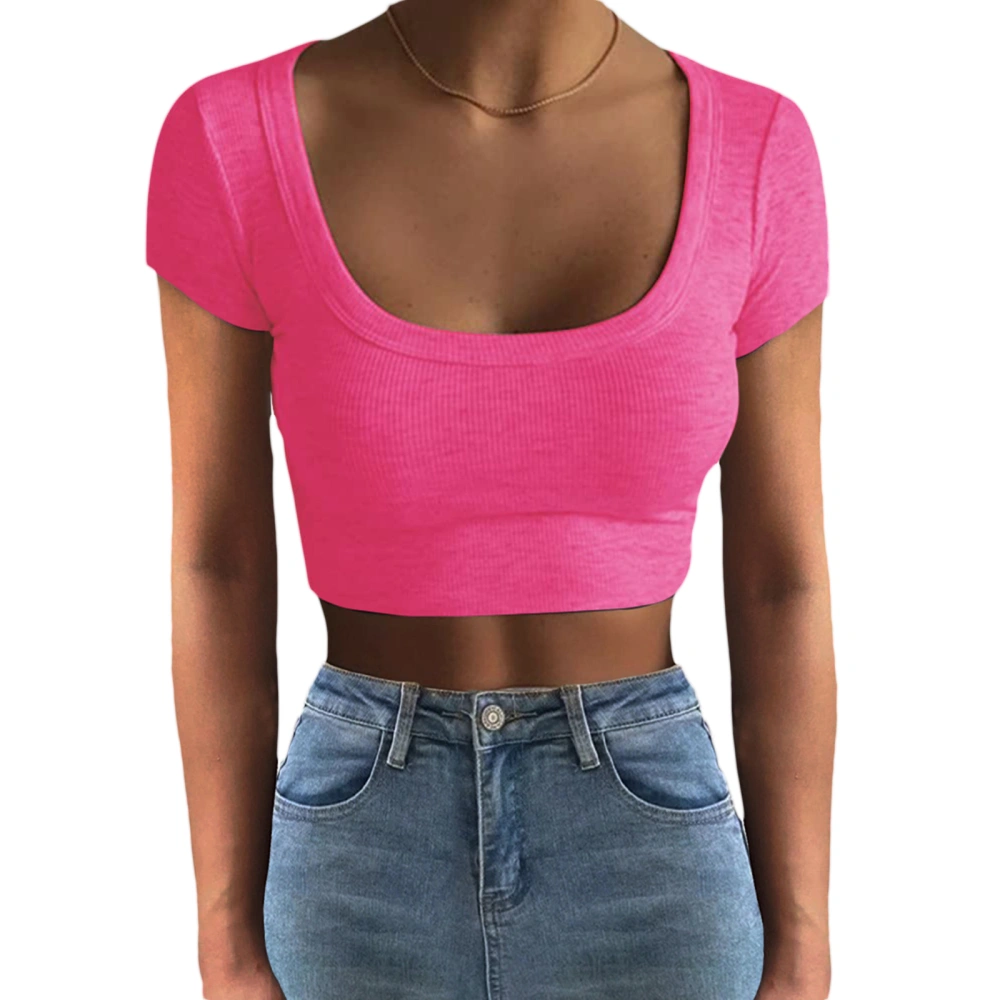 Women T-shirt, Short Sleeve U Neck Solid Slim Fit Summer Ladies Crop Top for Daily Street