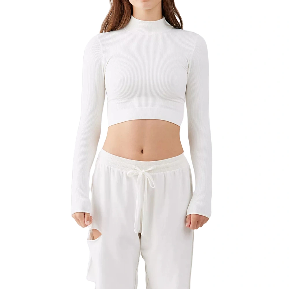 Women Long Sleeve Shirt Casual Solid Colors Round Neck Ribbed Crop Tops Streetwear Clubwear