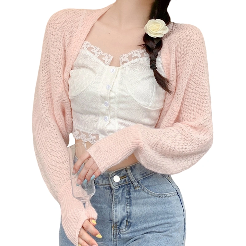 Women's Open Front Bolero Shrug, Long Sleeve Solid Color Sun Protection Knit Cropped Cardigan