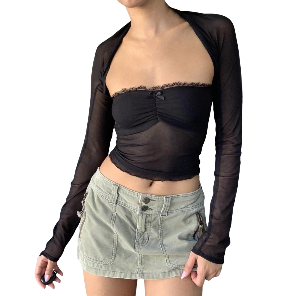 Women&acute;s Summer Crop Tops, Strapless Ruched Tube Tops + Long Sleeve Mesh Bolero Set