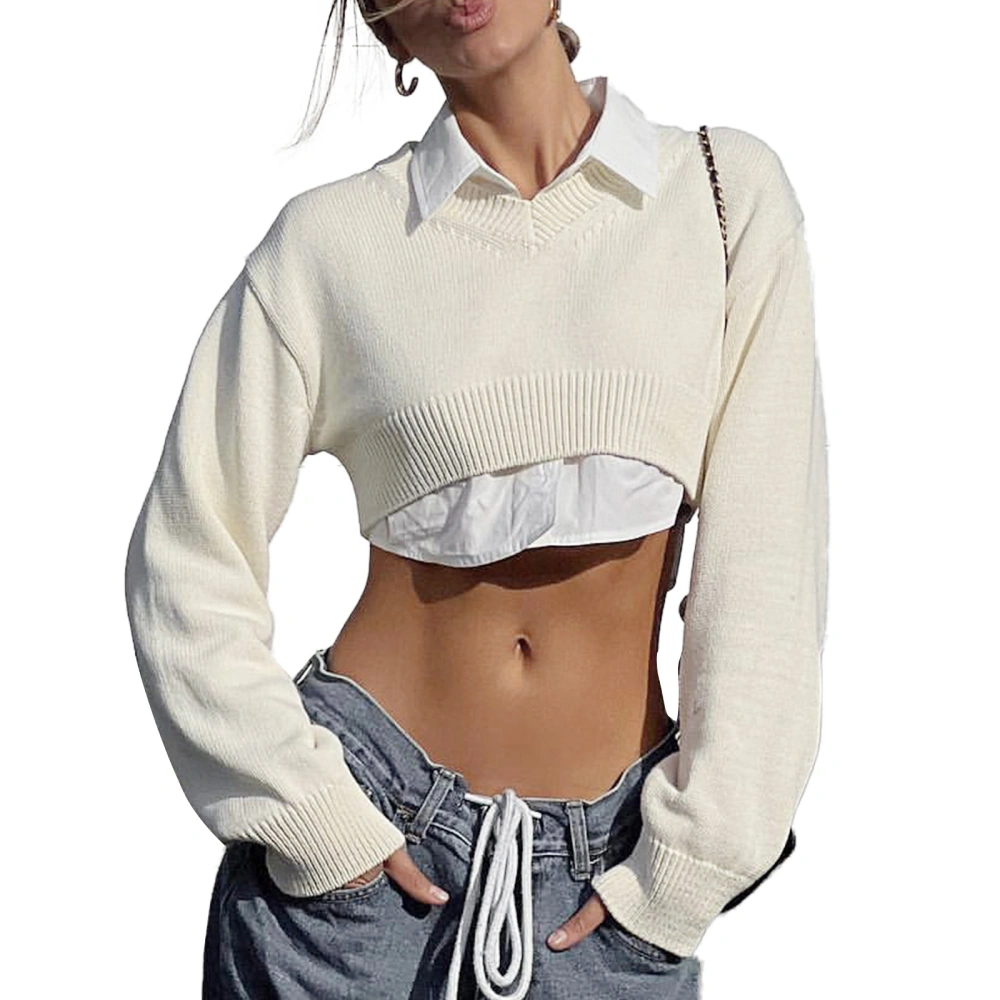 Women Cropped Sweater, Long Lantern Sleeve V-Neck Solid Color Knitting Ribbed Basic Bottoming Crop Tops