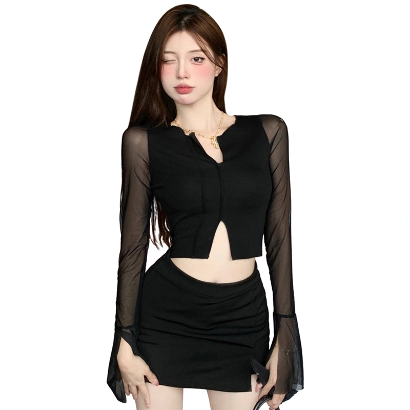 Women's V Neck Crop Tops, Sheer Mesh Long Sleeve Solid Color Split Hem Tee Shirts