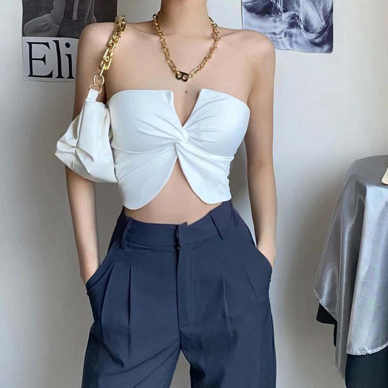 Women Summer Tube Tops, Solid Color Strapless V Neck Twist Slit Hem Cropped Tops Slim Backless Vest Clubwear