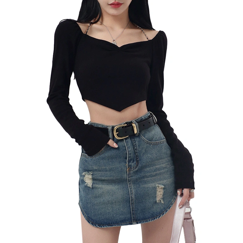 Women's Crop Tops Chain Halter Shoulder Cutout Long Sleeve Irregular Hem Slim Fit Short Tops