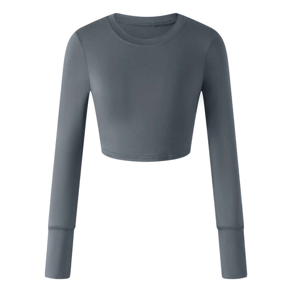 Women Long Sleeve Shirt Solid Color Casual Round Neck Pullover Cropped Tops Streetwear Clubwear