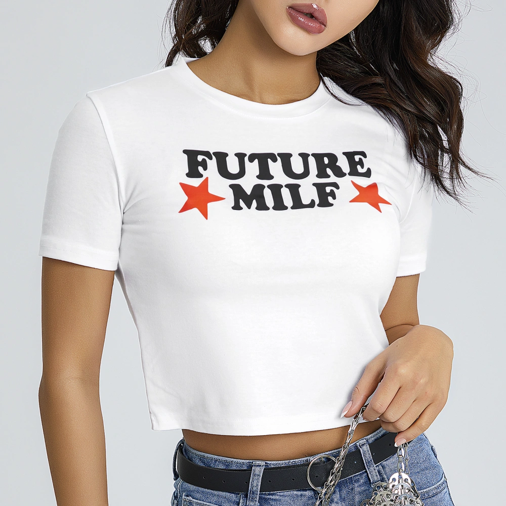 Women Short Sleeve Tops Summer Casual Punk Style Letter Print Crop Basic T-shirts for Party Streetwear