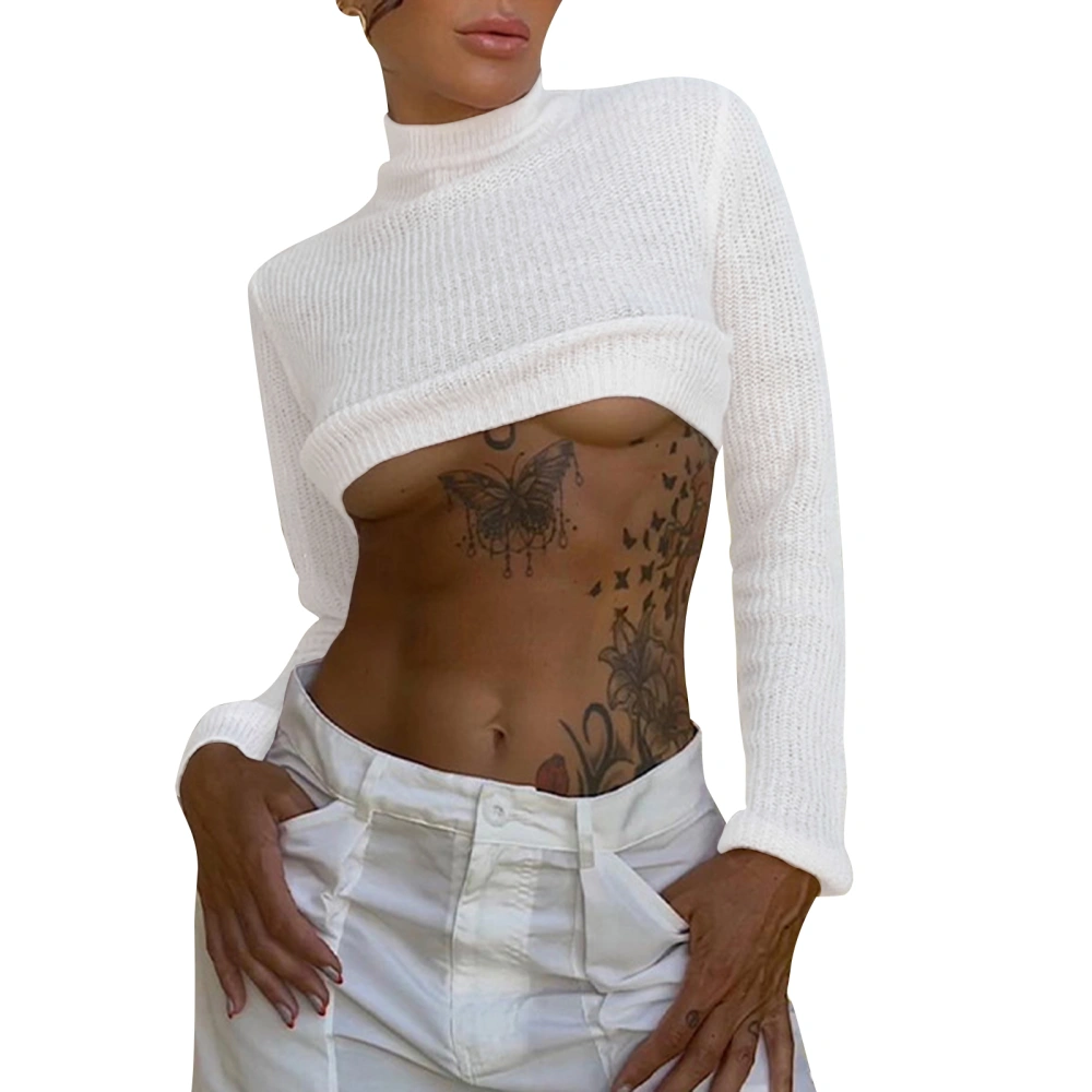 Women's Full Sleeve Crop Tops, Pure Color Casual Knitted Short Tops