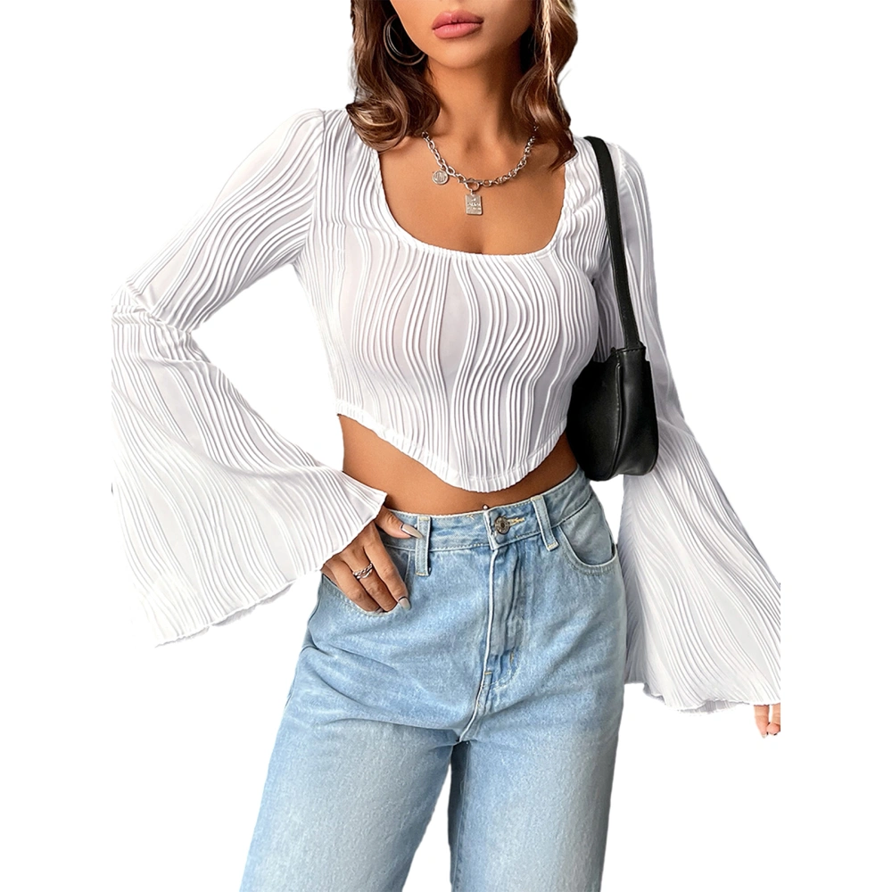 Women's Textured Crop Tops Long Sleeve Scoop Neck Hanky Hem Solid Color Slim Fit T-Shirt Streetwear