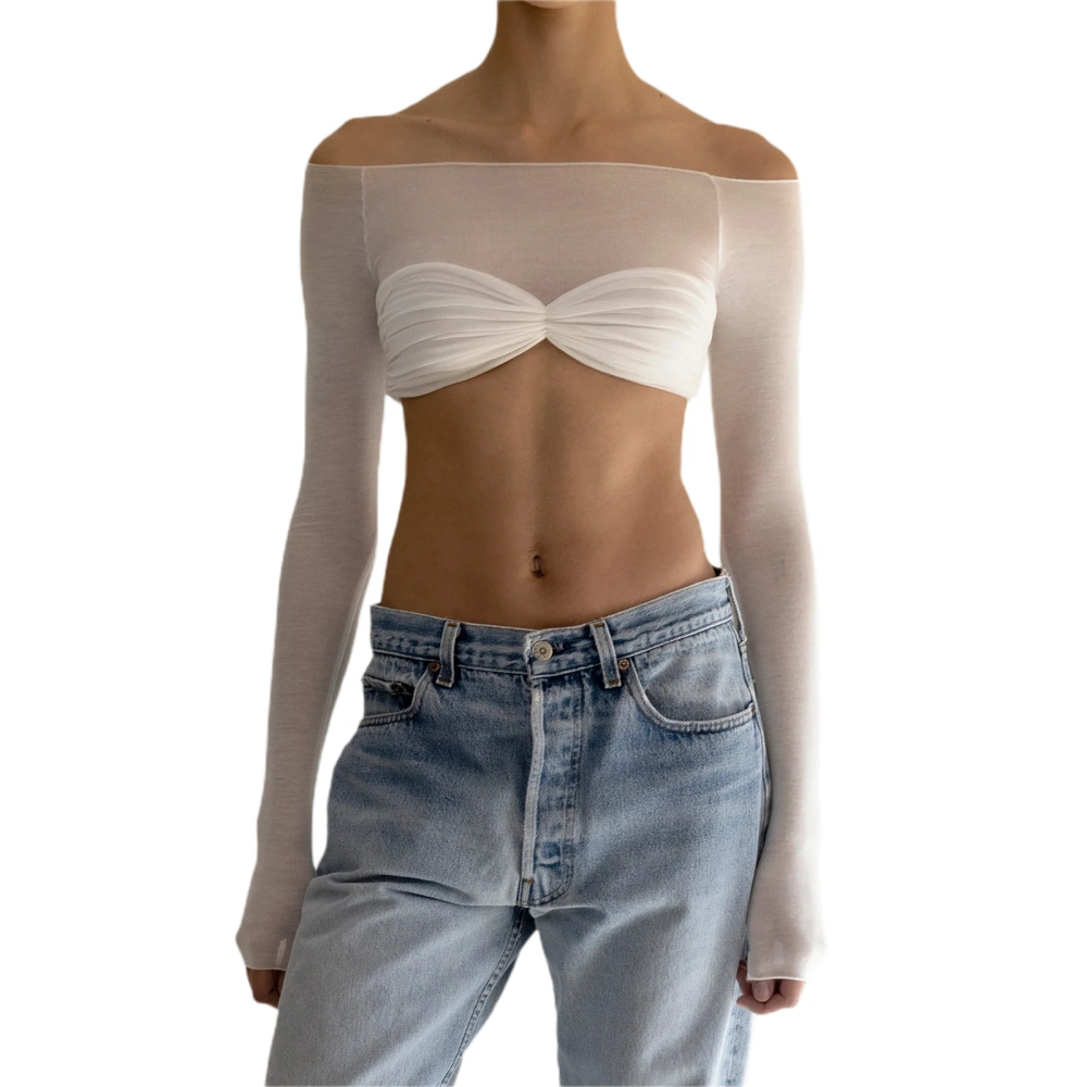 Women T-shirt, Long Sleeve Off-shoulder See-through Patchwork Crop Top